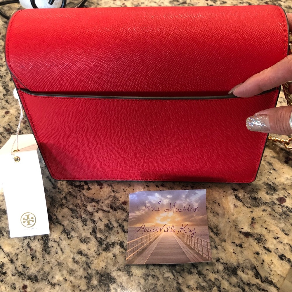 Tory Burch Womens Emerson Red Leather Magnetic Crossbody Handbag Purse NWT